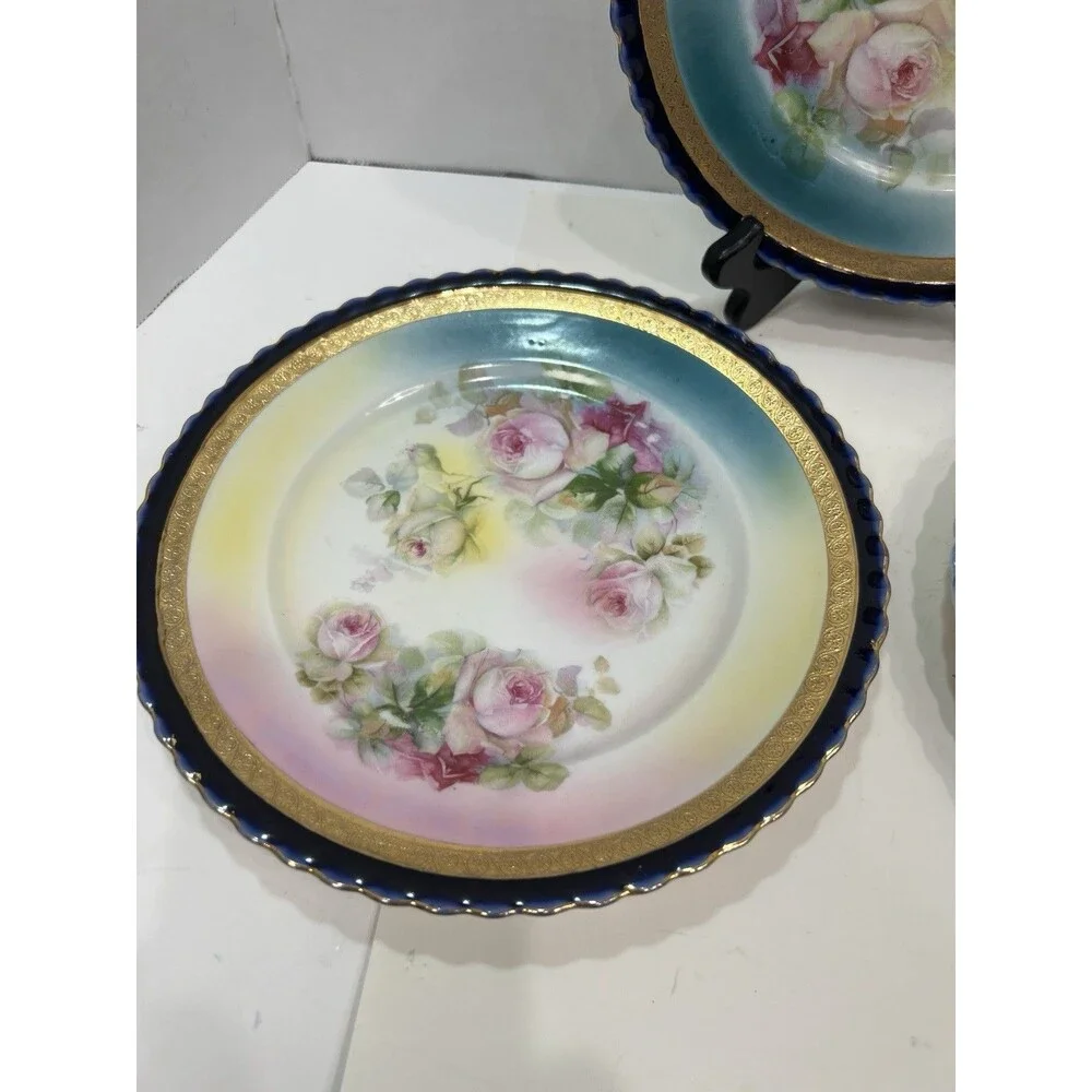 Vintage Hand Painted Porcelain Blue Bright Plate Roses Gold Gilt Scalloped Edge